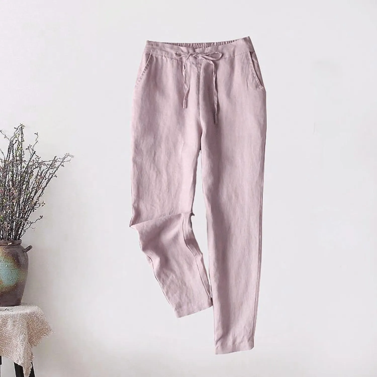 2025 Linen Cotton Pants for Women Trendy Summer Casual High Waisted Drawstring Beach Cropped Trousers with Pockets