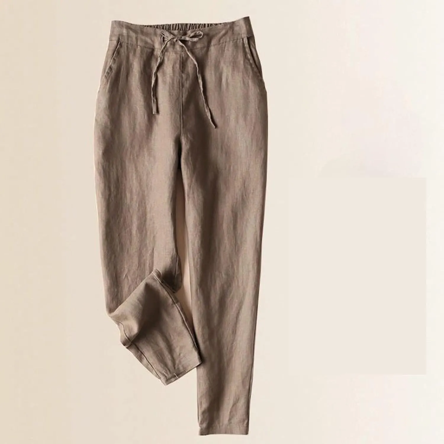 2025 Linen Cotton Pants for Women Trendy Summer Casual High Waisted Drawstring Beach Cropped Trousers with Pockets