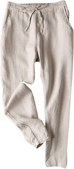 2025 Linen Cotton Pants for Women Trendy Summer Casual High Waisted Drawstring Beach Cropped Trousers with Pockets