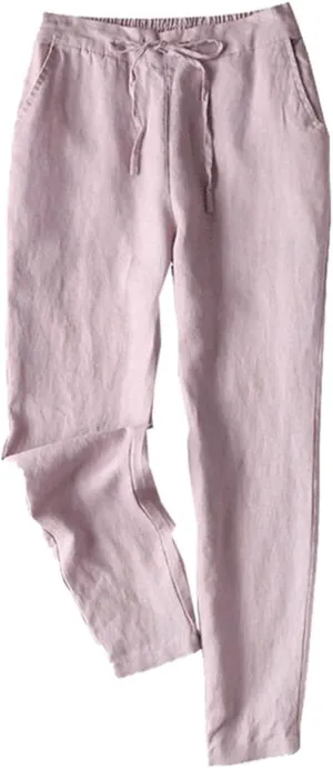 2025 Linen Cotton Pants for Women Trendy Summer Casual High Waisted Drawstring Beach Cropped Trousers with Pockets