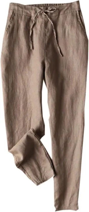 2025 Linen Cotton Pants for Women Trendy Summer Casual High Waisted Drawstring Beach Cropped Trousers with Pockets