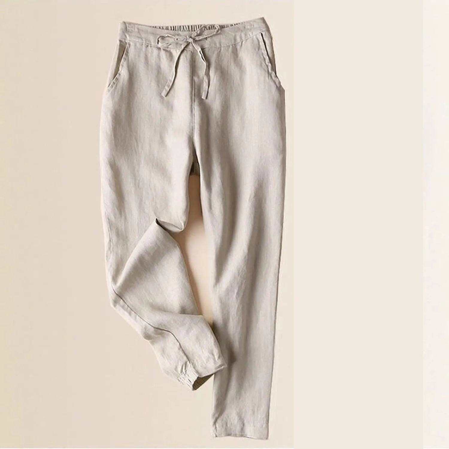 2025 Linen Cotton Pants for Women Trendy Summer Casual High Waisted Drawstring Beach Cropped Trousers with Pockets