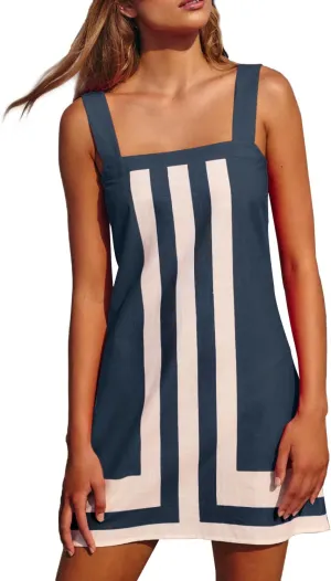 2025 Women Boho Striped Mini Dress Casual Summer Color Block Coverups Beach Overall Dress