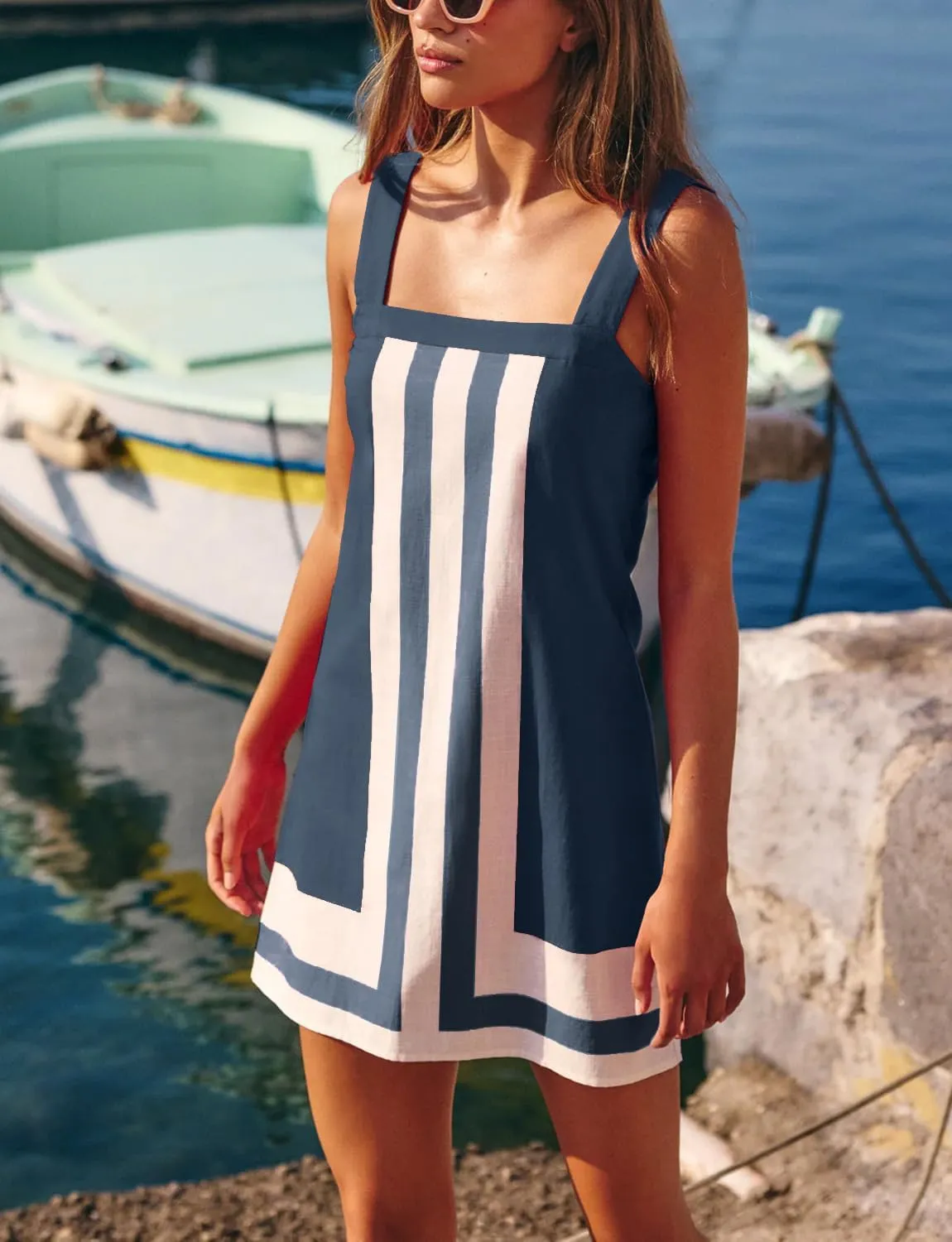 2025 Women Boho Striped Mini Dress Casual Summer Color Block Coverups Beach Overall Dress