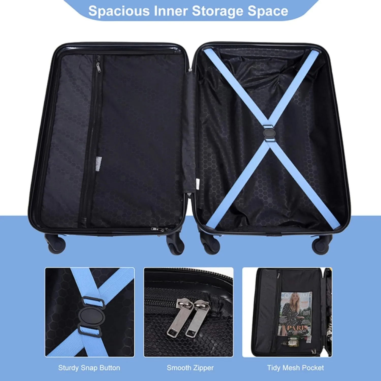 3-Piece ABS Luggage Set (20"/24"/28") - Lightweight Hardshell Suitcases with Lock, 360 Spinner Wheels & 2 Utility Hooks - Carry-On & Checked Luggage (Light Blue   ABS)