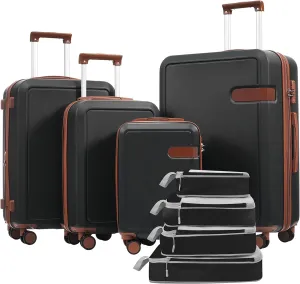 4 Piece Luggage Set with Compression Packing Cubes, Lightweight Suitcase with Expandable Spinner Wheels, Brown and Black