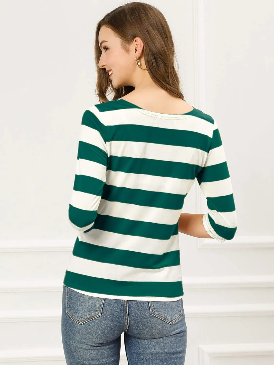 Allegra K Women's Slim Fit Elbow Sleeve Striped Boat Neck T-Shirt