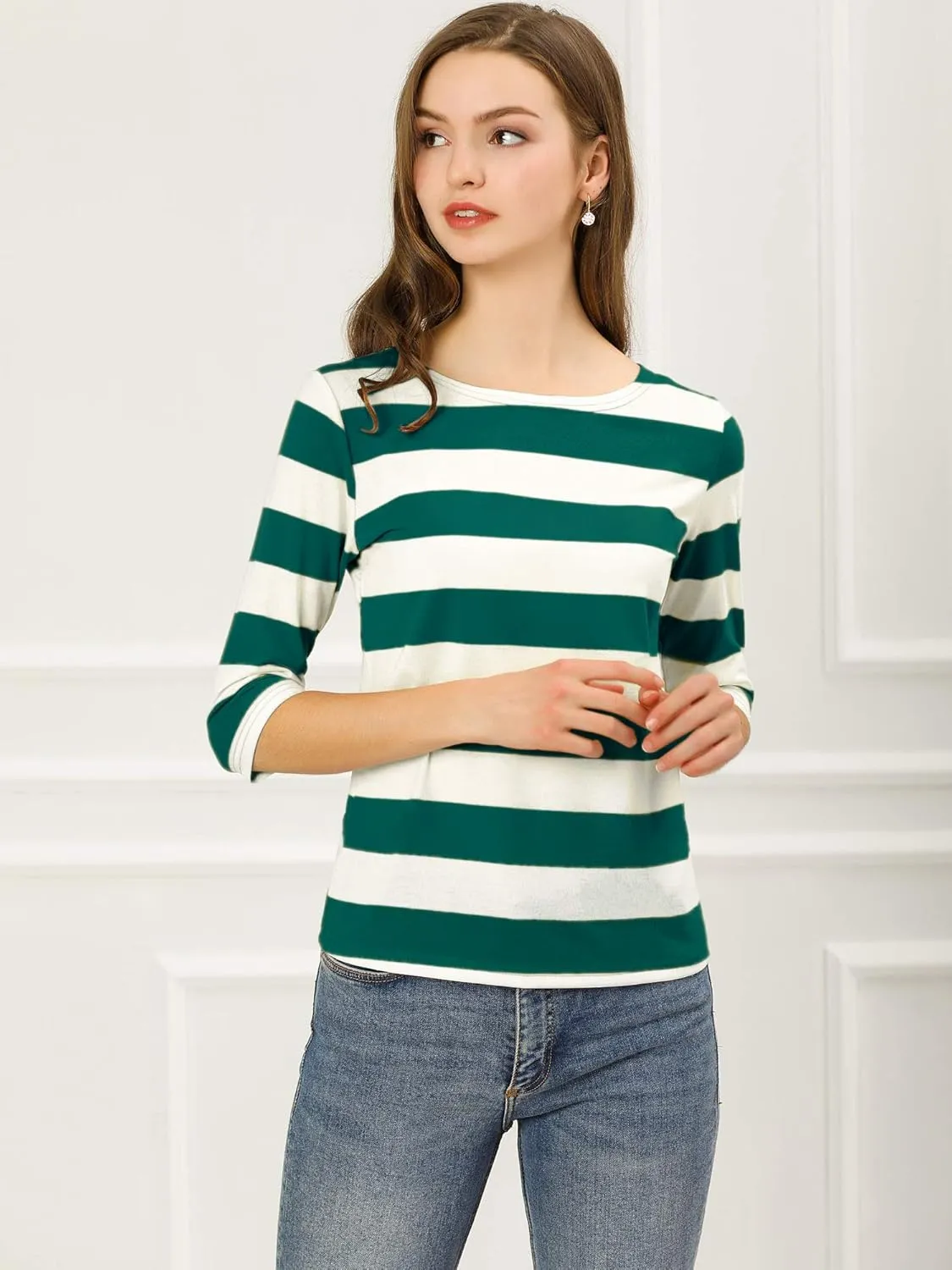 Allegra K Women's Slim Fit Elbow Sleeve Striped Boat Neck T-Shirt