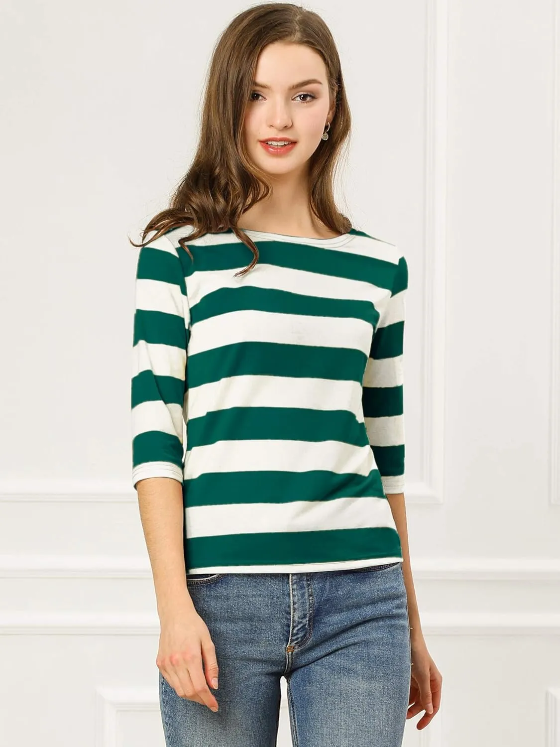 Allegra K Women's Slim Fit Elbow Sleeve Striped Boat Neck T-Shirt