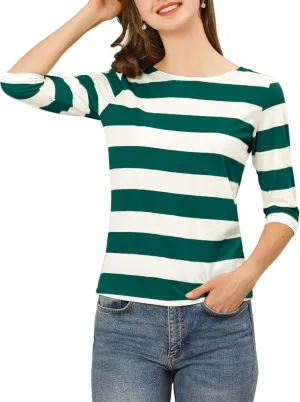 Allegra K Women's Slim Fit Elbow Sleeve Striped Boat Neck T-Shirt