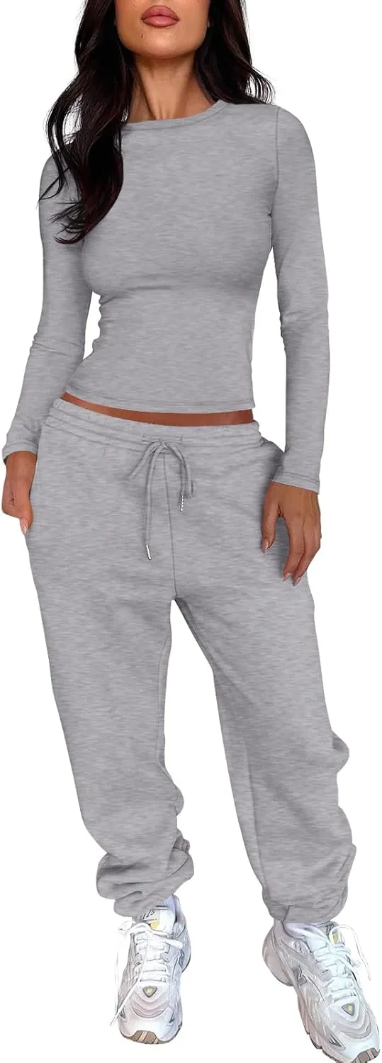 ANRABESS Womens 2 Piece Sweatsuits Long Sleeve Tight Shirt Tops Joggers Fleece Sweatpants Sets 2024 Fall Sweat Lounge Outfits