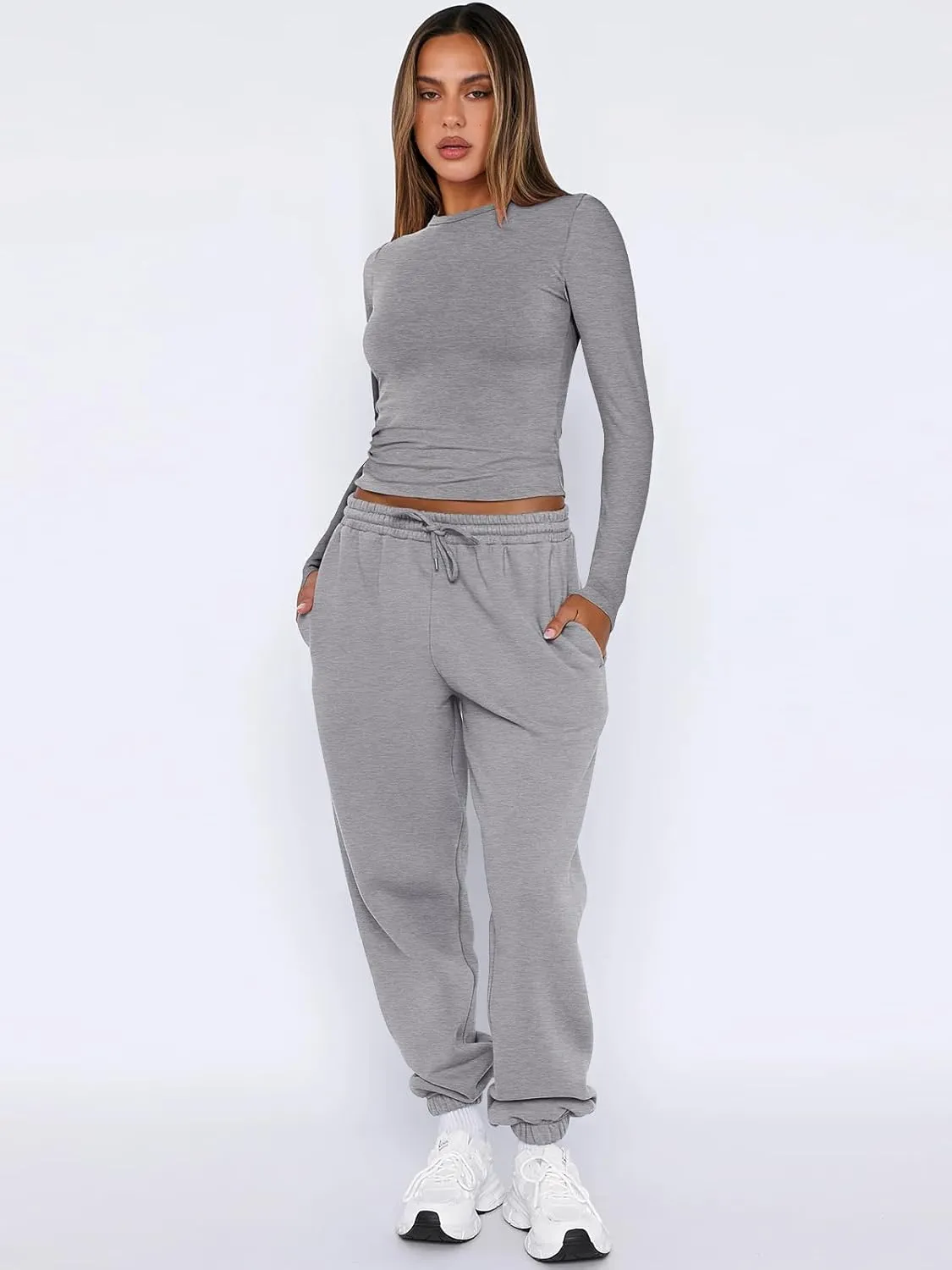 ANRABESS Womens 2 Piece Sweatsuits Long Sleeve Tight Shirt Tops Joggers Fleece Sweatpants Sets 2024 Fall Sweat Lounge Outfits