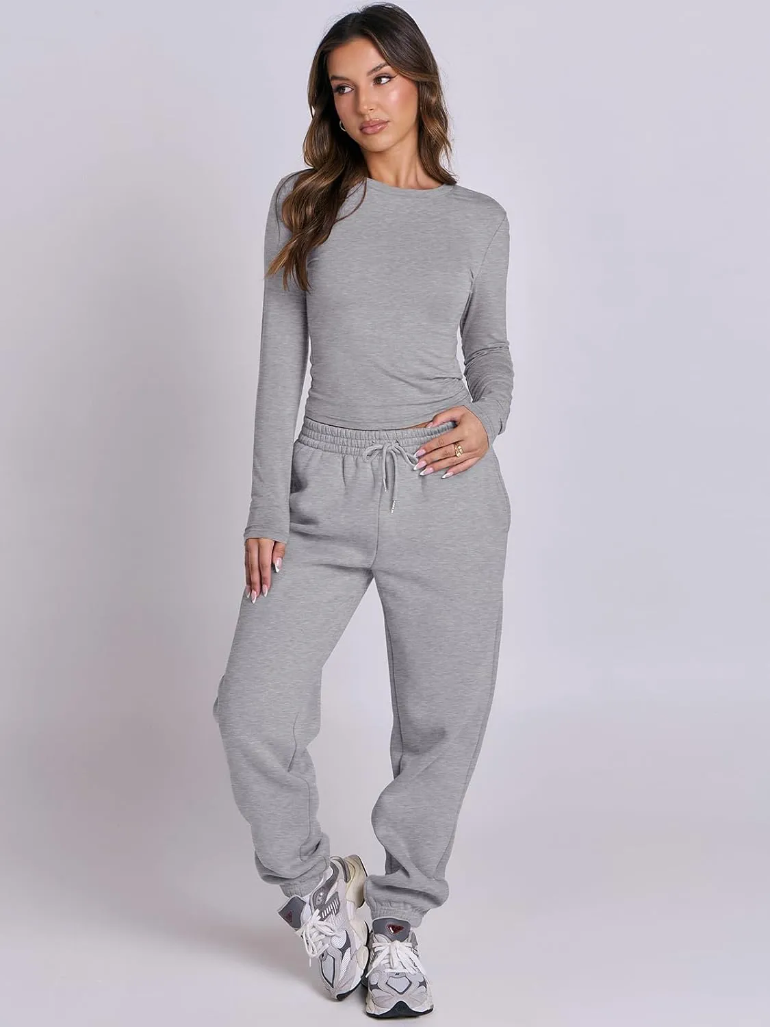 ANRABESS Womens 2 Piece Sweatsuits Long Sleeve Tight Shirt Tops Joggers Fleece Sweatpants Sets 2024 Fall Sweat Lounge Outfits