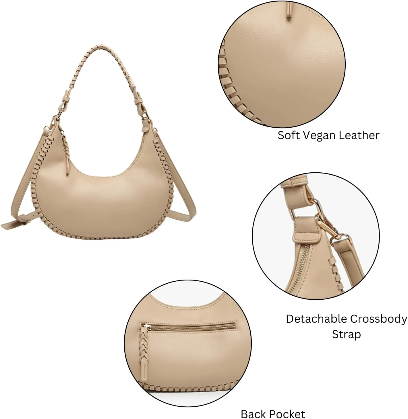 Aria Whipstitch Crescent Shoulder Bag for Women Vegan Leather Crossbody Purse Ladies Hobo Handbag