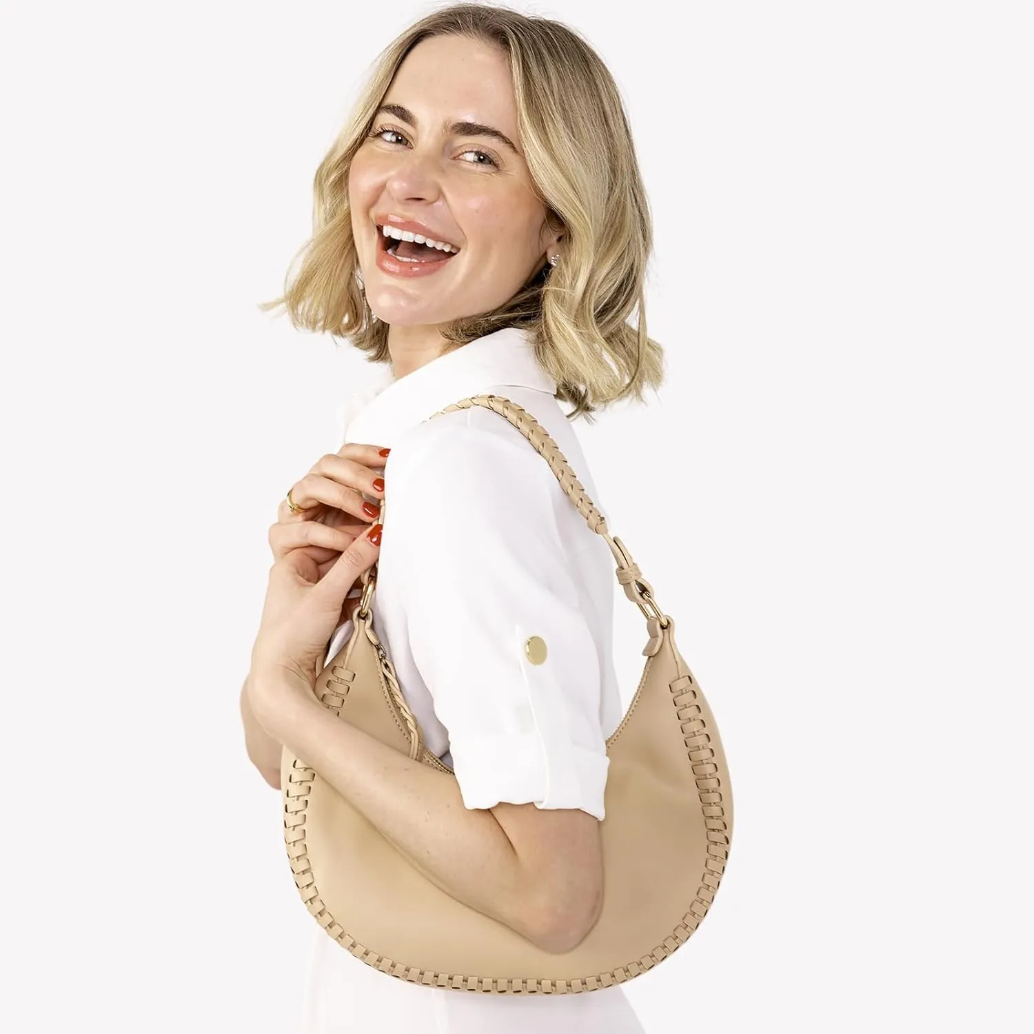 Aria Whipstitch Crescent Shoulder Bag for Women Vegan Leather Crossbody Purse Ladies Hobo Handbag
