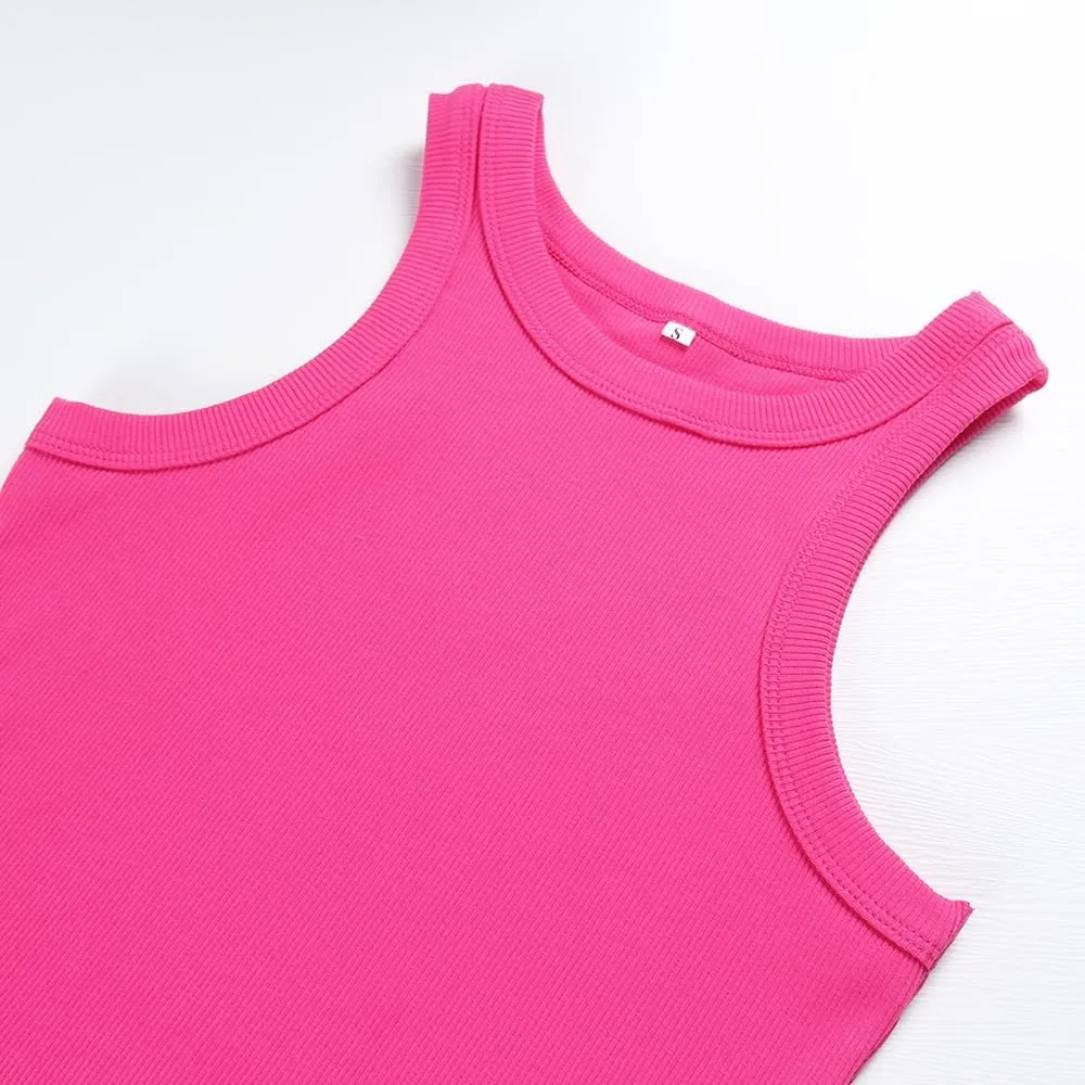 Artfish Women's Sleeveless Full Length Ribbed Fitted Racerback Workout Crew High Neck Basic Tank Top