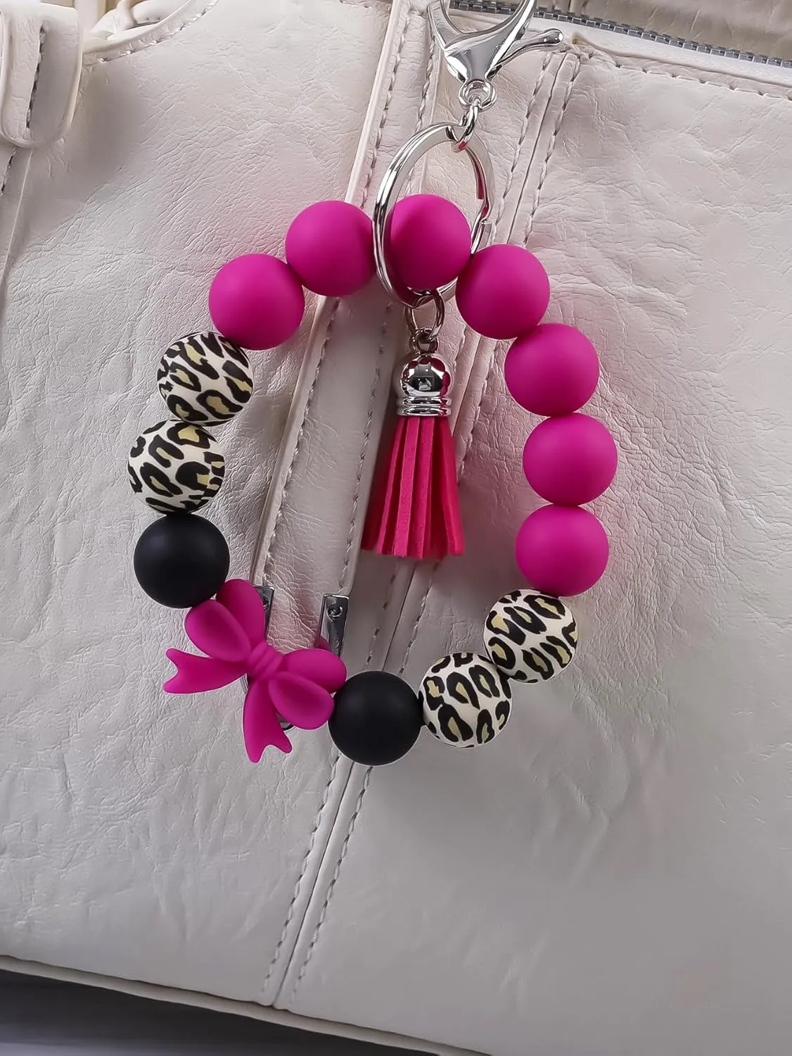 Beaded Wrist Keychain Bracelet for Women Leopard Silicone Beads Wristlet Car Key Holder Key Ring Bowknot Wristlet