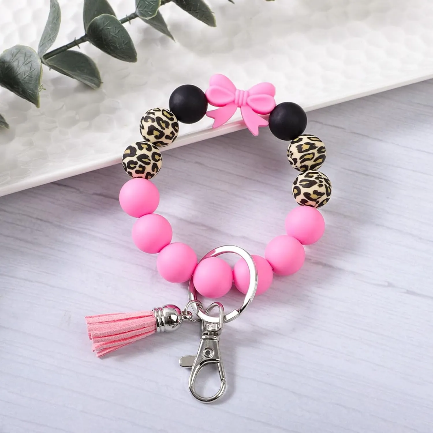 Beaded Wrist Keychain Bracelet for Women Leopard Silicone Beads Wristlet Car Key Holder Key Ring Bowknot Wristlet