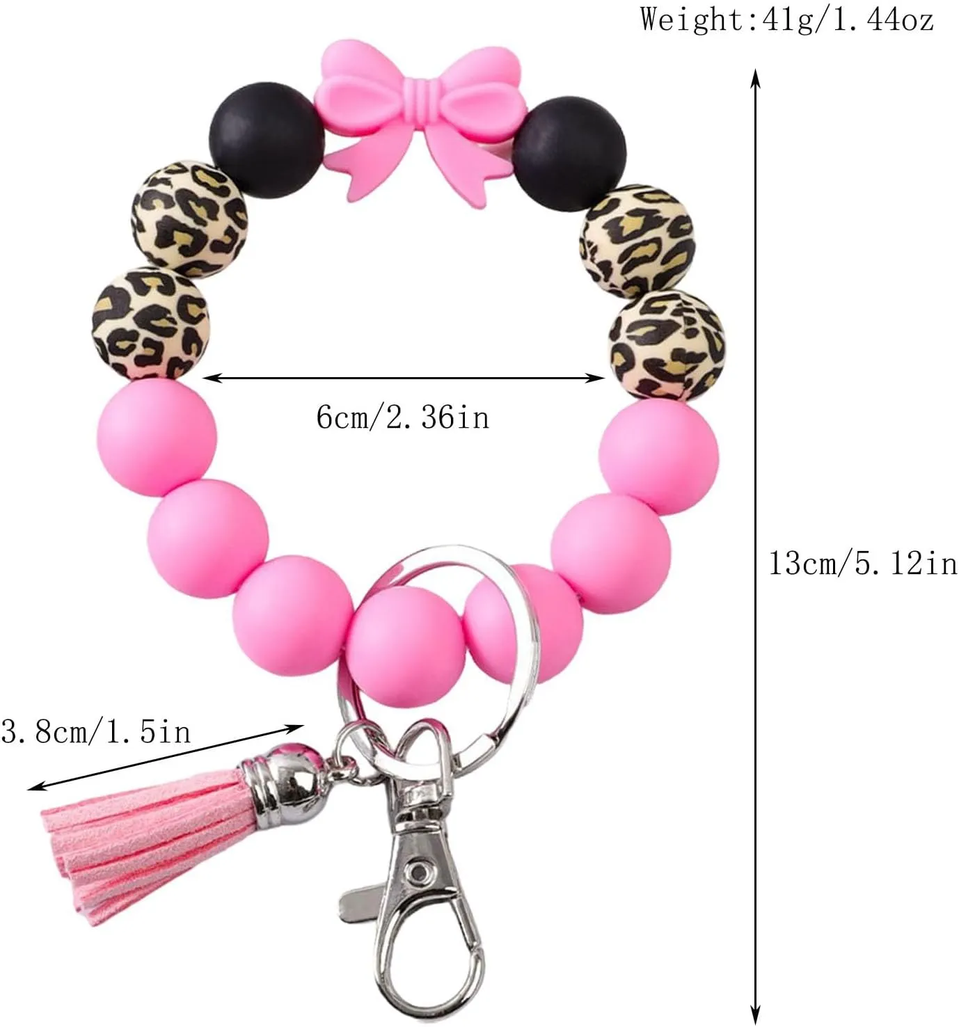 Beaded Wrist Keychain Bracelet for Women Leopard Silicone Beads Wristlet Car Key Holder Key Ring Bowknot Wristlet
