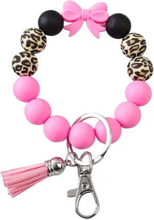Beaded Wrist Keychain Bracelet for Women Leopard Silicone Beads Wristlet Car Key Holder Key Ring Bowknot Wristlet