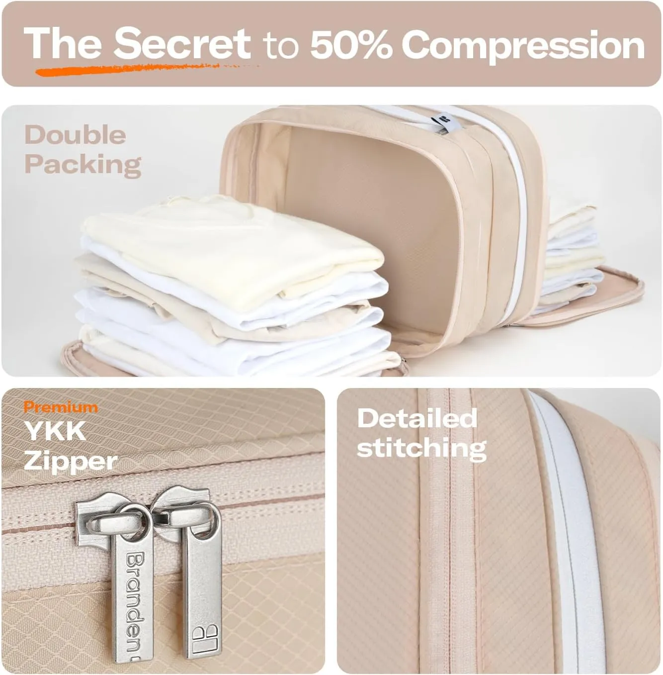 Branden Compression Packing Cube, Small, Sandbeige | Travel Essentials l Luggage Organizer l Self Compression Organizer for Travel l Overnight Trip, Road Trip, Beach, Cruise