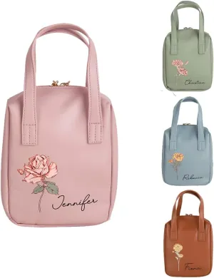 callie Personalized Makeup Travel Bag, Custom Birth Flower Leather Cosmetics Bag Organizer with Name & Double Zippers & Handle, Birthday Mother's Day Gift for Women