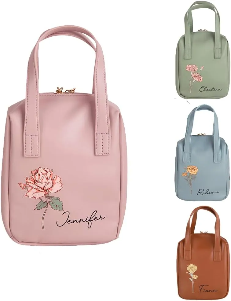 callie Personalized Makeup Travel Bag, Custom Birth Flower Leather Cosmetics Bag Organizer with Name & Double Zippers & Handle, Birthday Mother's Day Gift for Women