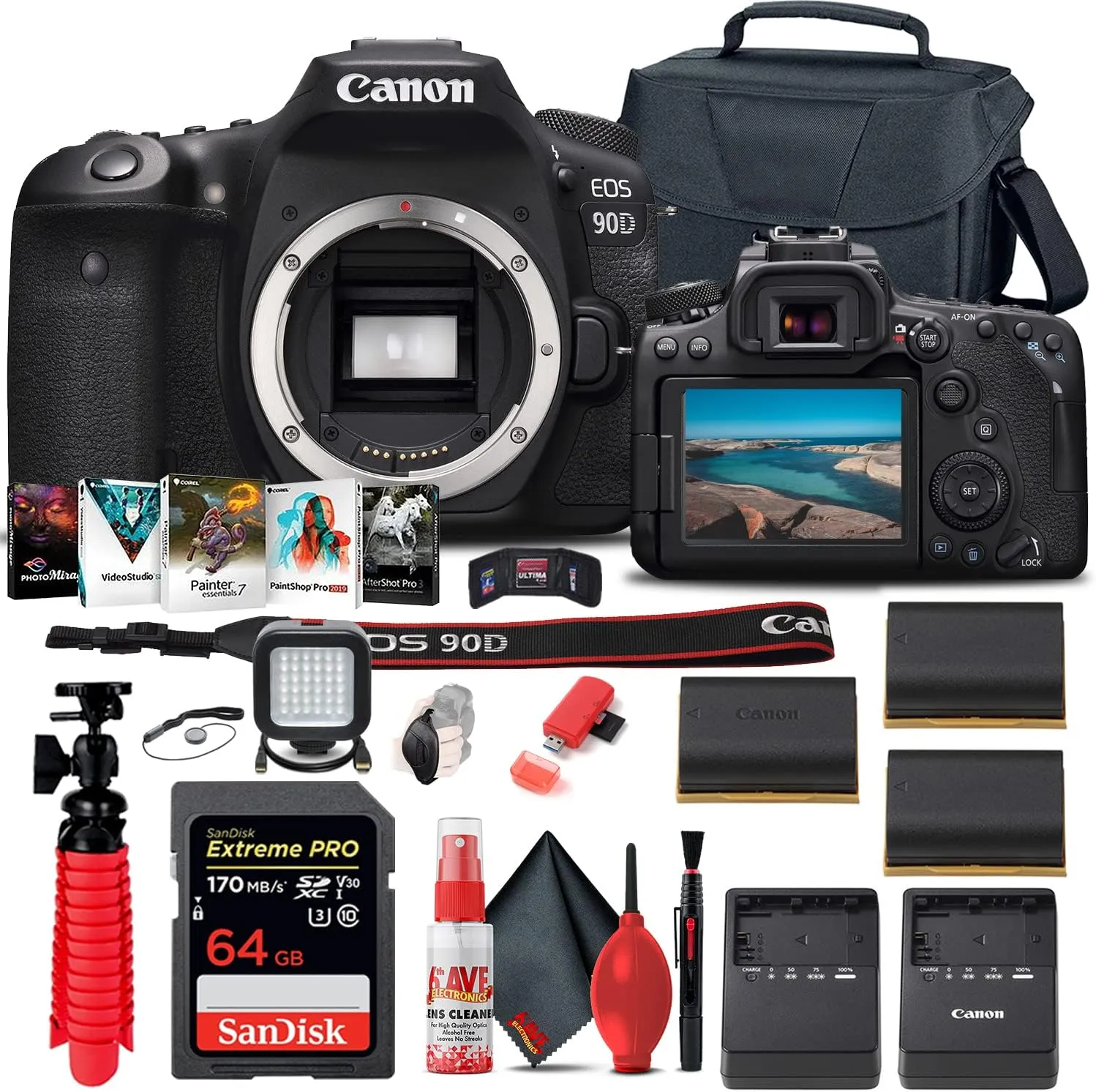Canon EOS 90D DSLR Camera (Body Only) (3616C002)   64GB Memory Card   Case   Corel Photo Software   2 x LPE6 Battery   Charger   Card Reader   LED Light   Flex Tripod   More (Renewed)