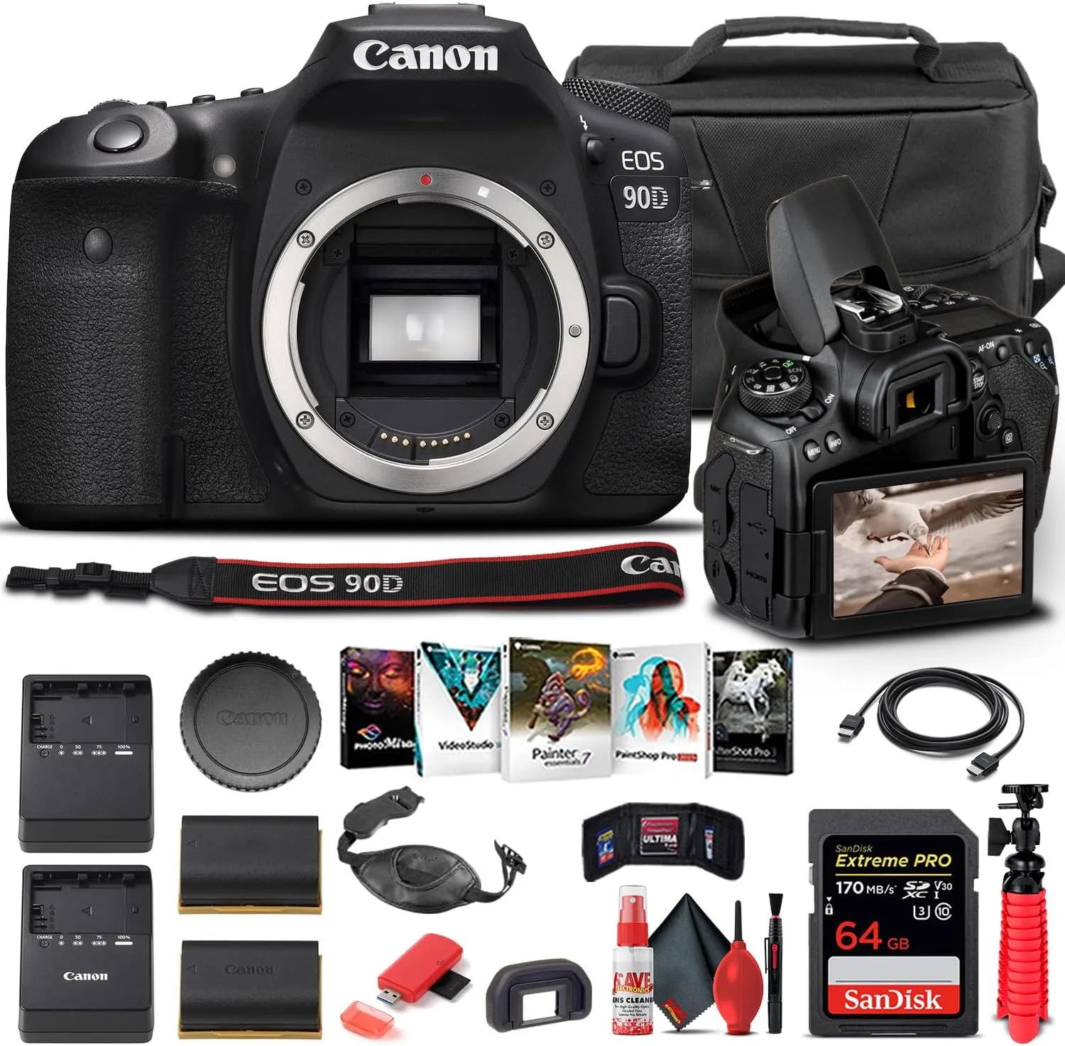 Canon EOS 90D DSLR Camera (Body Only) (3616C002), 64GB Memory Card, Case, Corel Photo Software, LPE6 Battery, Charger, Card Reader, HDMI Cable, Deluxe Cleaning Set   More (Renewed)