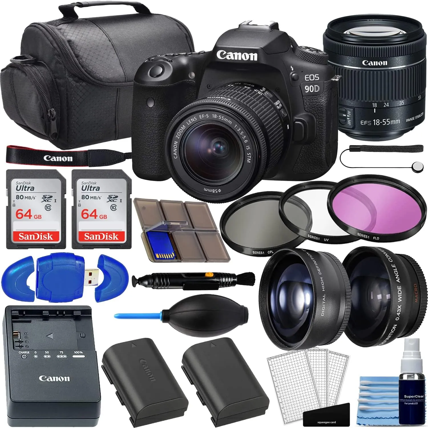 Canon EOS 90D DSLR Camera Bundle with EF-S 18-55mm f/4-5.6 is STM Lens   2pc SanDisk 64GB Memory Cards   Wide Angle Lens   Telephoto Lens   3pc Filter Kit   Deluxe Bag   Professional Kit