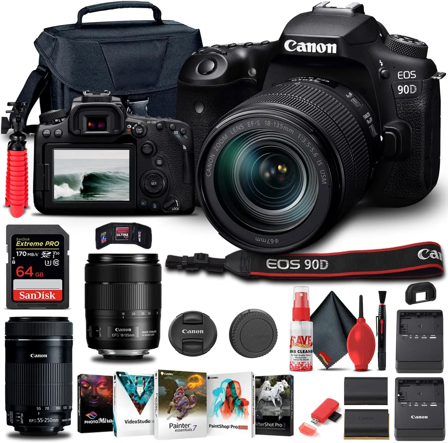 Canon EOS 90D DSLR Camera with 18-135mm Lens (3616C016)   EF-S 55-250mm Lens   64GB Memory Card   Case   Corel Photo Software   LPE6 Battery   External Charger   Card Reader   More (Renewed)