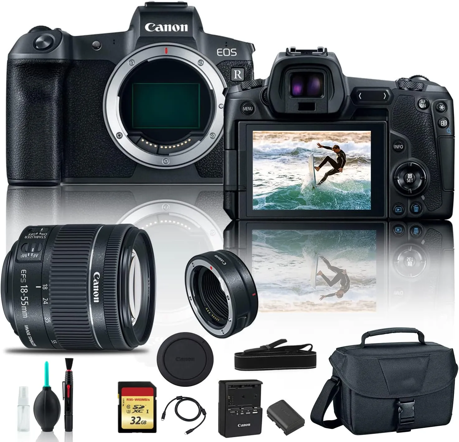 Canon EOS R Mirrorless Digital Camera 3075C002 with Canon EF Mount Adapter, Canon EF-S 18-55mm Lens, Bag, 32GB Memory Card and More (Renewed)