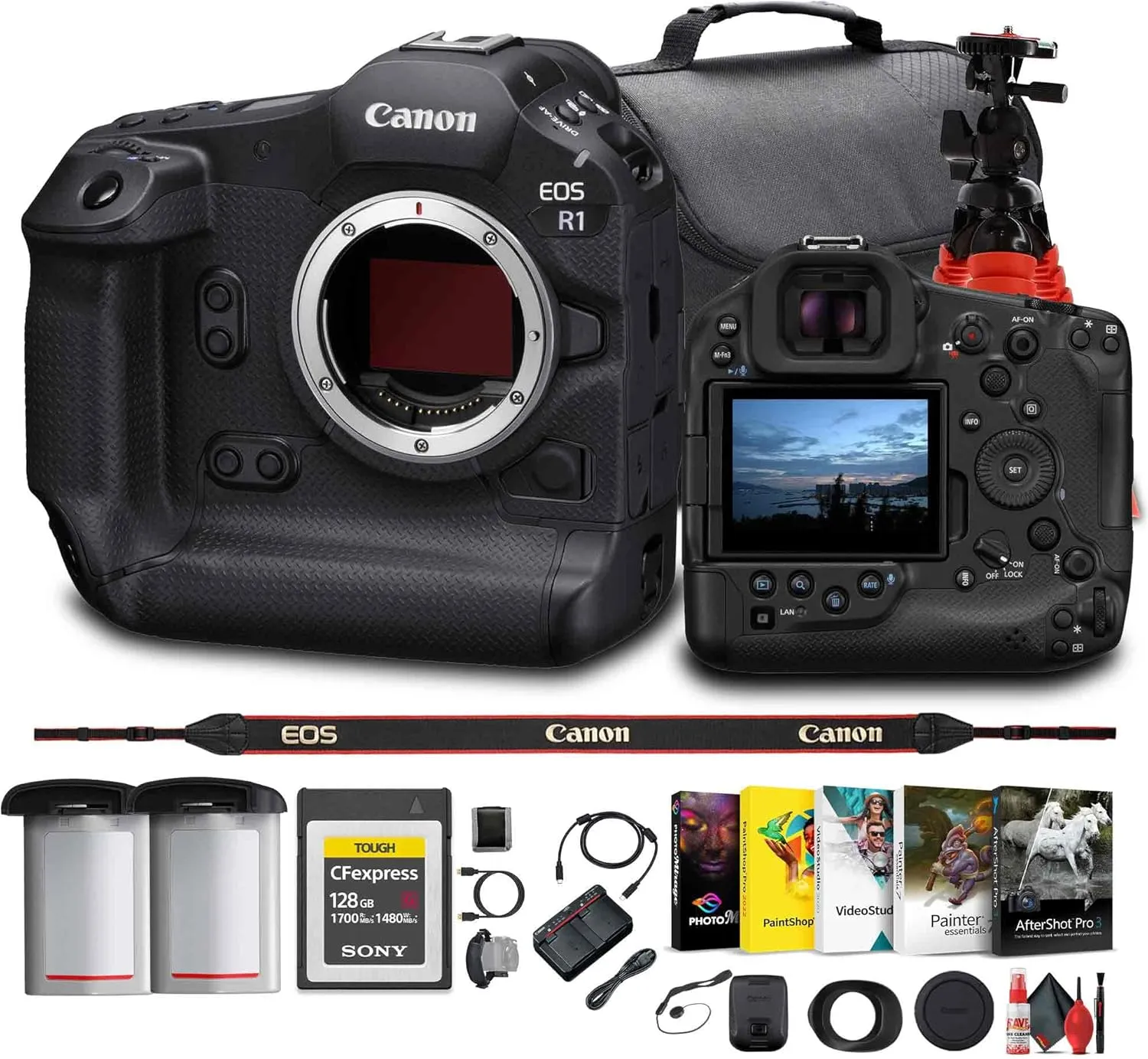 Canon EOS R1 Mirrorless Camera - 24MP, Full-Frame Stacked BSI CMOS Sensor   128GB CFexpress Card   Bag   Photo Editing Software   LPE-19 Battery   Flex Tripod   Cleaning Kit   More (Renewed)