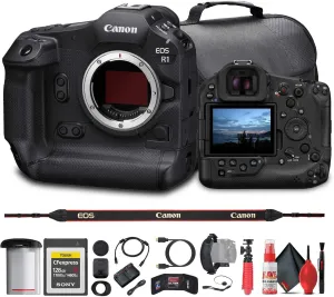 Canon EOS R1 Mirrorless Camera - 24MP, Full-Frame Stacked BSI CMOS Sensor (6577C002)   128GB CFexpress Card   Bag   Flex Tripod   Cleaning Kit   Memory Wallet   Hand Strap   Cap Keeper (Renewed)