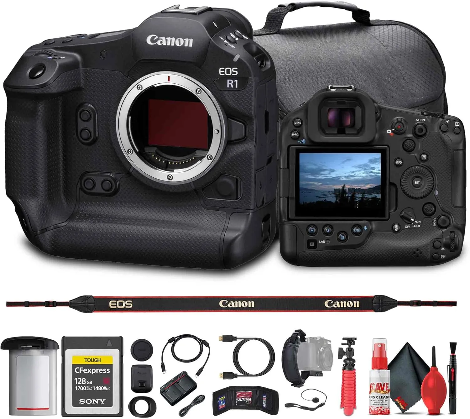 Canon EOS R1 Mirrorless Camera - 24MP, Full-Frame Stacked BSI CMOS Sensor (6577C002)   128GB CFexpress Card   Bag   Flex Tripod   Cleaning Kit   Memory Wallet   Hand Strap   Cap Keeper (Renewed)