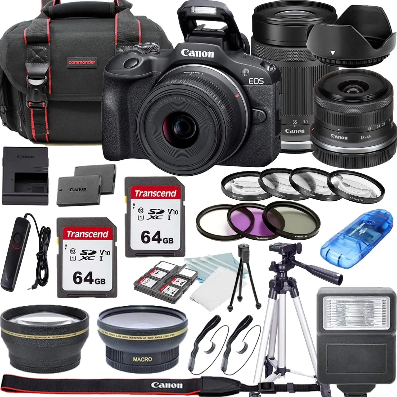 Canon EOS R100 Mirrorless Camera with 18-45mm, 55-210mm Zoom, and 500mm Preset Lenses   Lens Filters   CASE   Accessory Bundle (Renewed)