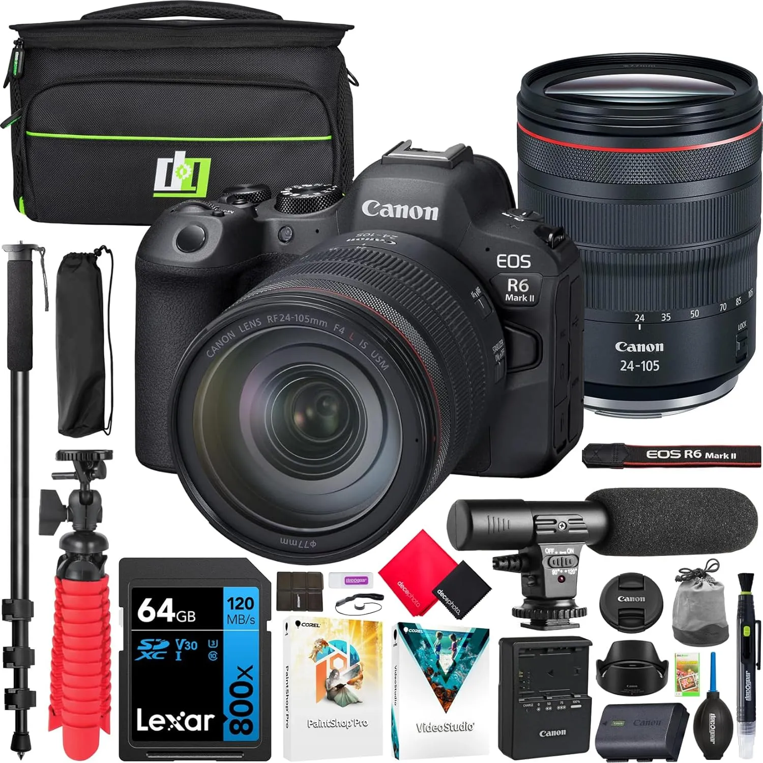 Canon EOS R6 Mark II Full Frame Mirrorless Camera Body with RF 24-105mm F4 L is USM Lens 5666C011 (Renewed) Bundle with Deco Gear Photography Bag   Microphone   Monopod   Software & Accessories Kit