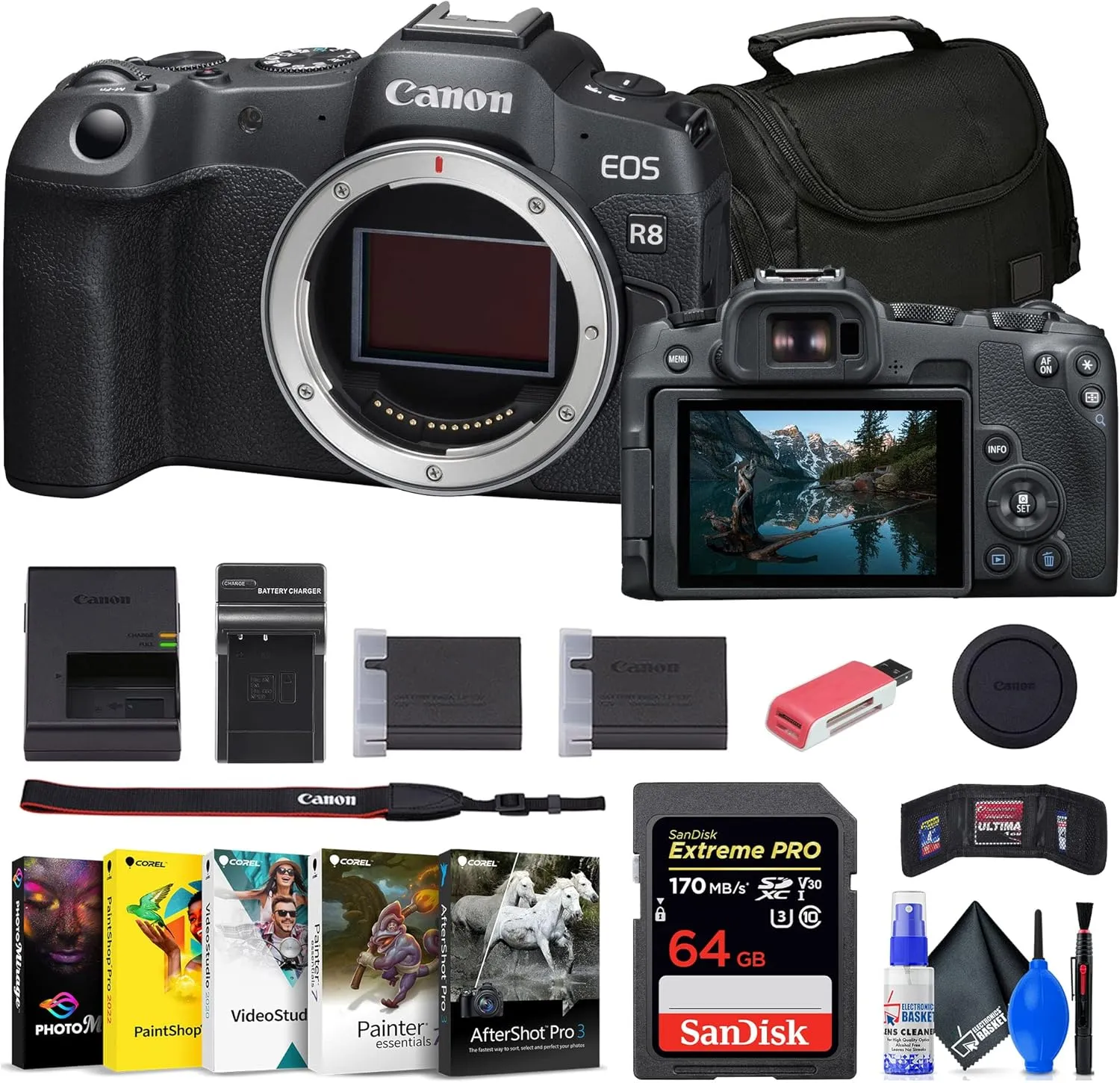 Canon EOS R8 Mirrorless Camera (5803C002)   64GB Memory Card   Corel Photo Software   Bag   Charger   LPE17 Battery   Card Reader   Flex Tripod   Memory Wallet   Cleaning Kit (Renewed)