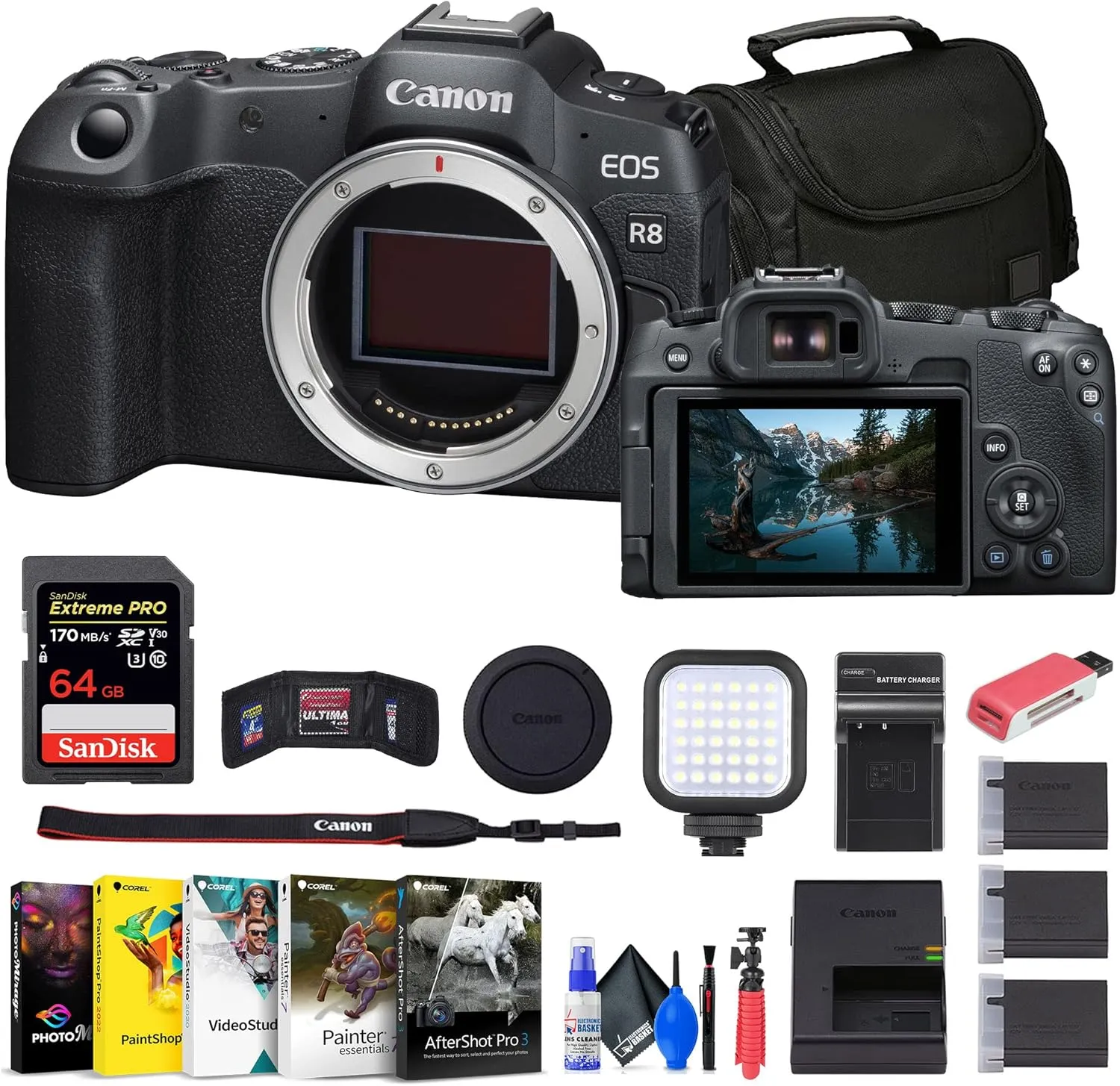 Canon EOS R8 Mirrorless Camera (5803C002)   Rode VideoMic   64GB Memory Card   Corel Photo Software   Bag   Charger   2 x LPE17 Batteries   Card Reader   LED Light   Flex Tripod   More (Renewed)