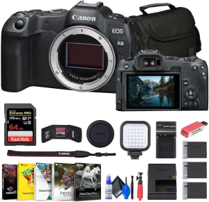 Canon EOS R8 Mirrorless Camera (5803C002)   Rode VideoMic   64GB Memory Card   Corel Photo Software   Bag   Charger   2 x LPE17 Batteries   Card Reader   LED Light   Flex Tripod   More (Renewed)