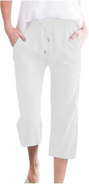 Capri Pants for Women 2024 Summer Casual Drawstring High Waist Linen Pants Straight Wide Leg Capris Cropped Trousers