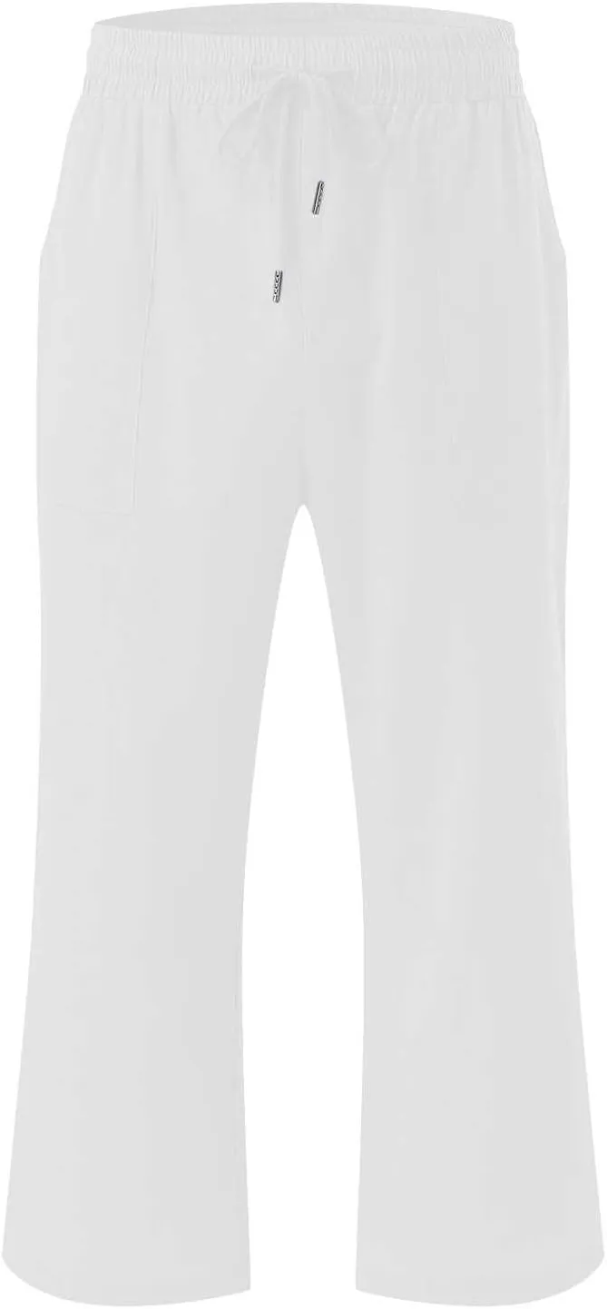 Capri Pants for Women 2024 Summer Casual Drawstring High Waist Linen Pants Straight Wide Leg Capris Cropped Trousers