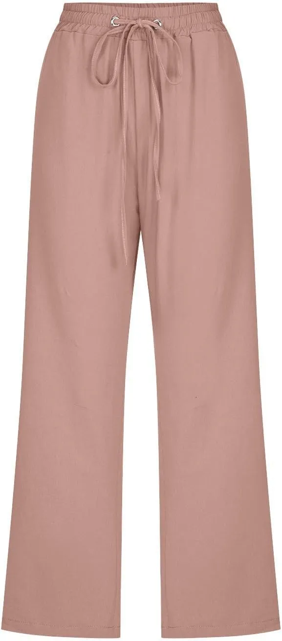 Capri Pants for Women 2024 Summer Casual Drawstring High Waist Linen Pants Straight Wide Leg Capris Cropped Trousers