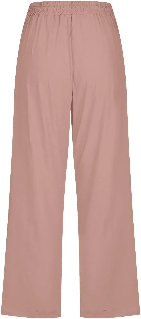 Capri Pants for Women 2024 Summer Casual Drawstring High Waist Linen Pants Straight Wide Leg Capris Cropped Trousers