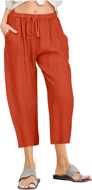 Capri Pants for Women Summer Drawstring Elastic High Waist Cotton Linen Wide Leg Trouser, Small-5X-Large