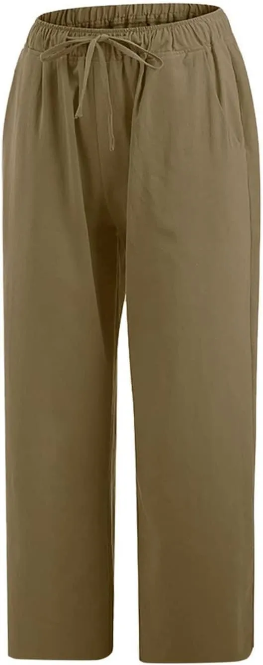 Capri Pants for Women Summer Drawstring Elastic High Waist Cotton Linen Wide Leg Trouser, Small-5X-Large