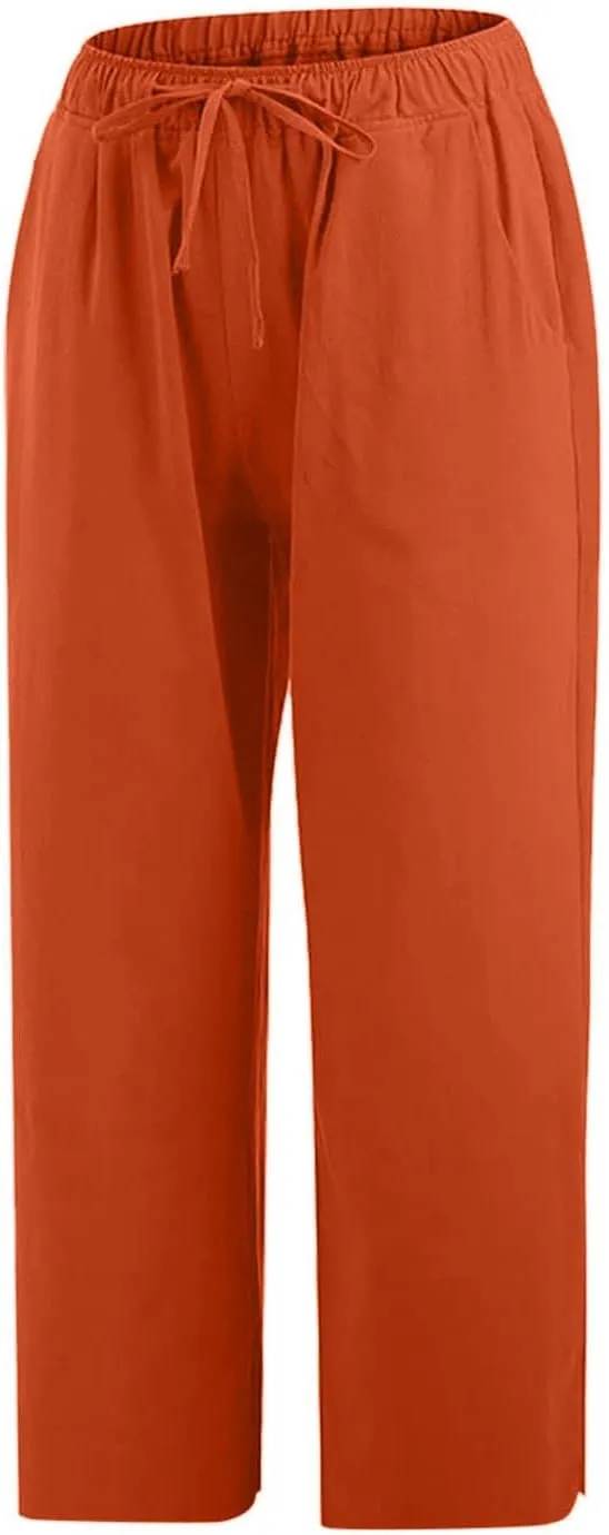 Capri Pants for Women Summer Drawstring Elastic High Waist Cotton Linen Wide Leg Trouser, Small-5X-Large