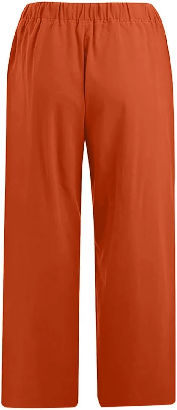 Capri Pants for Women Summer Drawstring Elastic High Waist Cotton Linen Wide Leg Trouser, Small-5X-Large