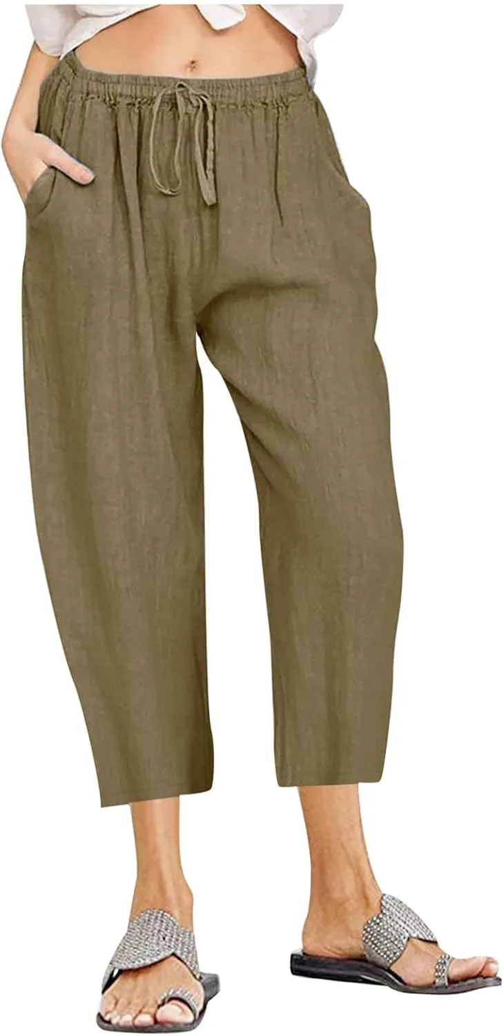 Capri Pants for Women Summer Drawstring Elastic High Waist Cotton Linen Wide Leg Trouser, Small-5X-Large
