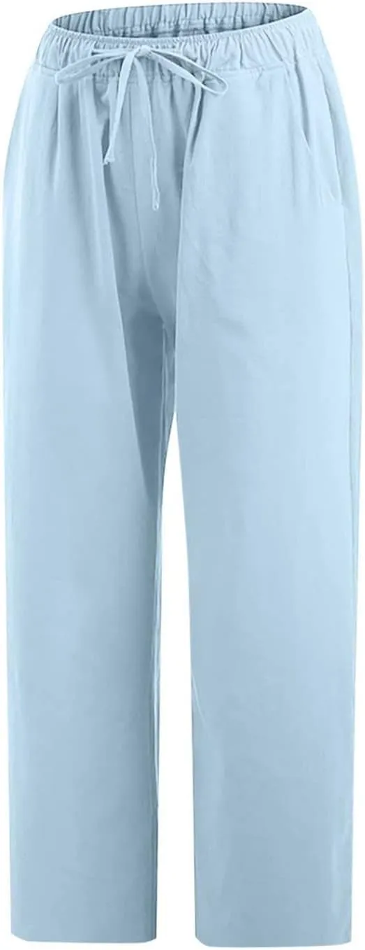 Capri Pants for Women Summer Drawstring Elastic High Waist Cotton Linen Wide Leg Trouser, Small-5X-Large